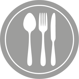 Grey circle vector icon with a fork, knife and spoon in the middle