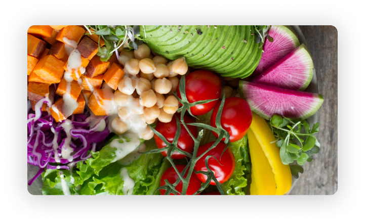 Top view, flat lay of healthy vegan salad bowl