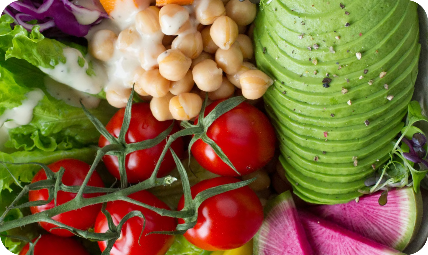 Top view, flat lay of healthy vegan salad bowl