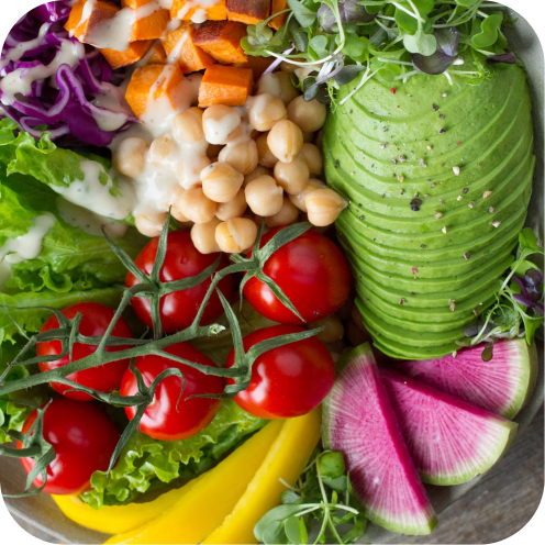Top view, flat lay of healthy vegan salad bowl